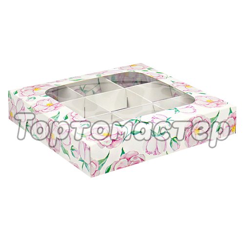 Коробка на 9 конфет с окошком "Цветы" УПП-16-со-Нежность