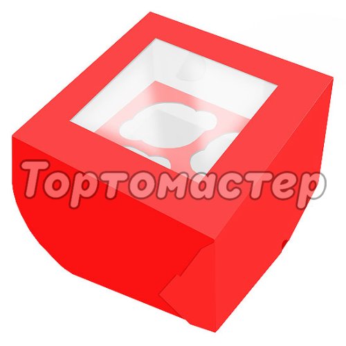 Коробка на 4 капкейка с окошком Красная 16х16х10 см 5 шт КУ-001