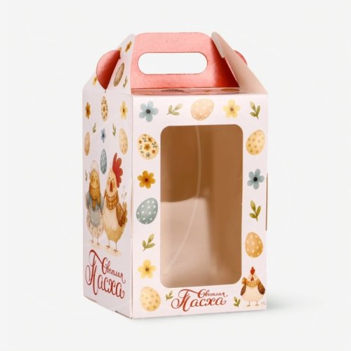 Коробка для торта/кулича с окном "Курочки" 10х10х15 см 10967599