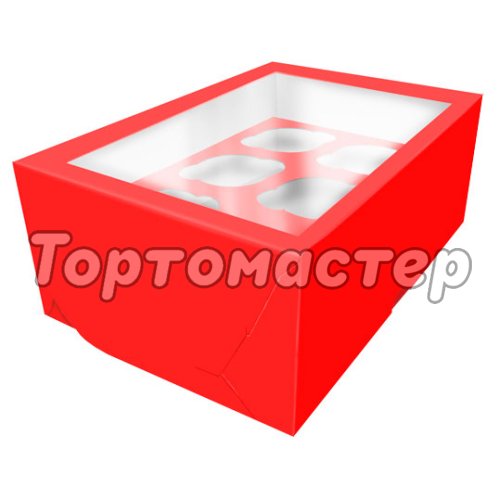 Коробка на 6 капкейков с окошком Красная 25х17х10 см КУ-081