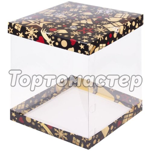 Коробка для торта с прозрачными стенками "Новогодняя" 23,5х23,5х22 см 022157 ф